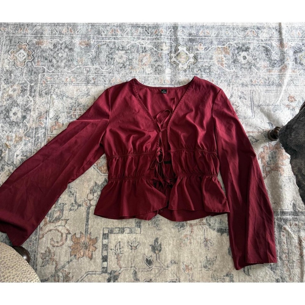 Burgundy Tie Front Peplum Top